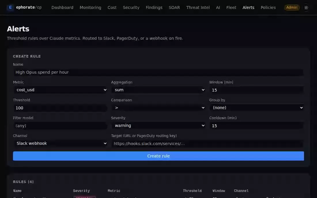 Animated screenshot: alert rules for cost spikes, p99 latency and error rate, plus acknowledging a firing alert in the history table