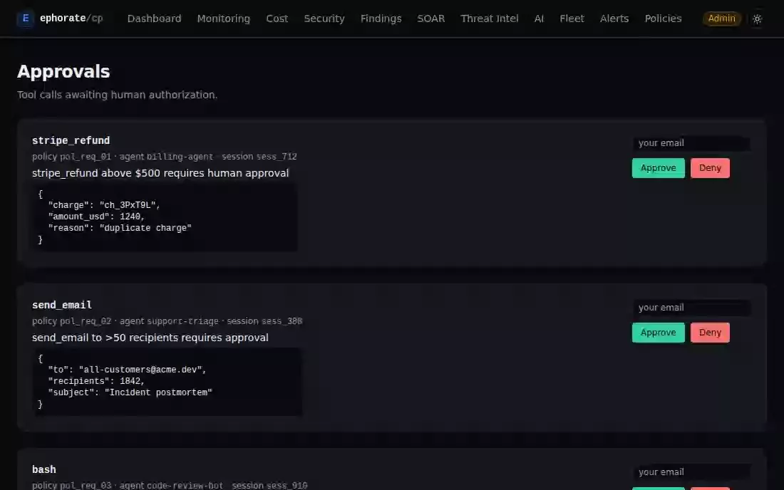 Animated screenshot: approving a pending stripe refund and denying a production deploy