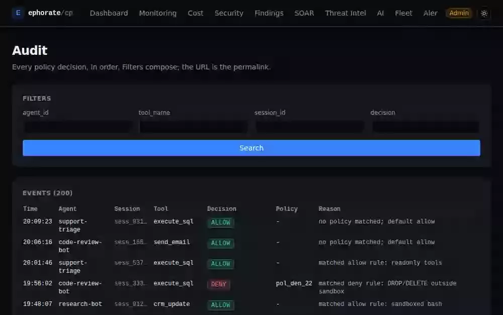 Animated screenshot: filtering the audit log to deny and require_approval decisions