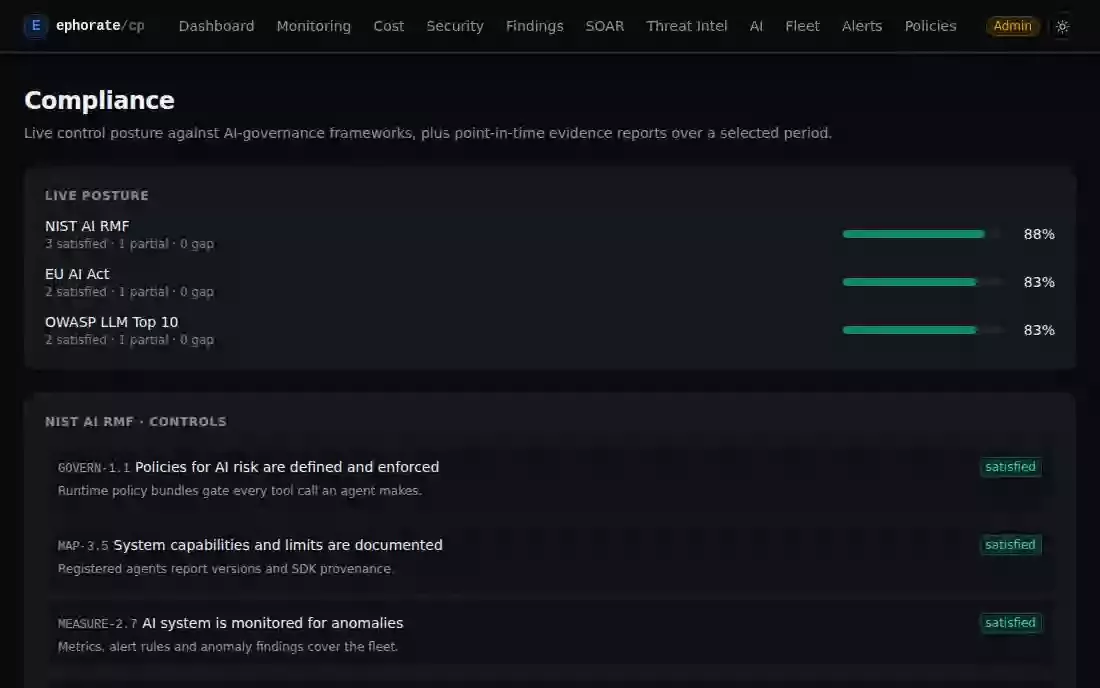 Animated screenshot: live NIST AI RMF, EU AI Act and OWASP LLM control posture, plus compliance evidence reports, one still generating