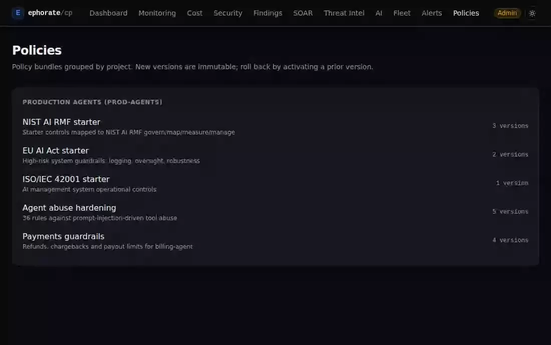 Animated screenshot: browsing policy bundles and opening the payments guardrails YAML