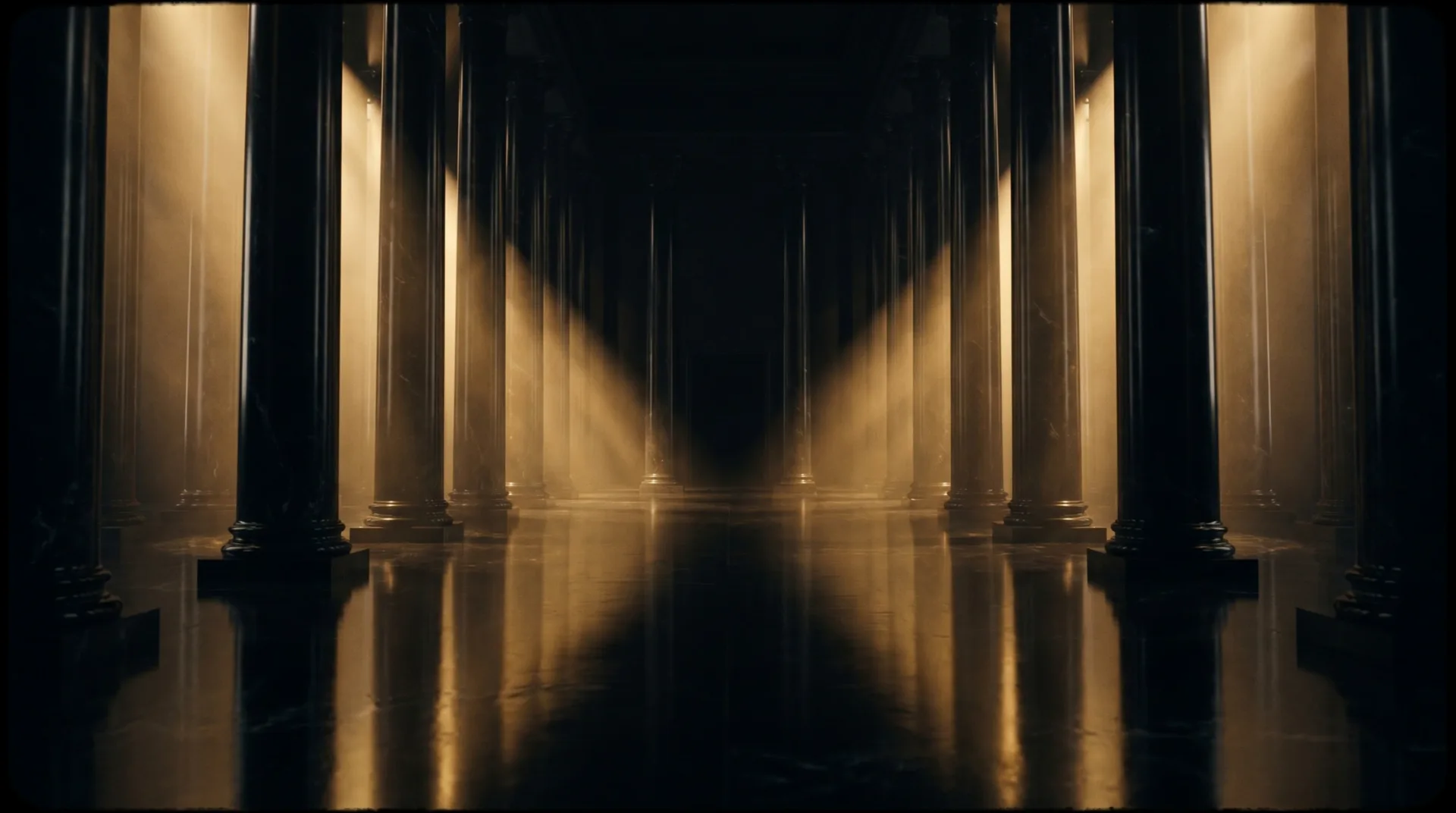 A dark hall of towering black marble columns with warm golden light shafts falling between them